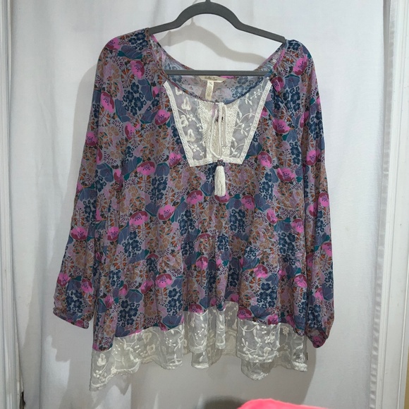 Matilda Jane boho blouse Sz M tassel tie lace hem long sleeve - Picture 1 of 5